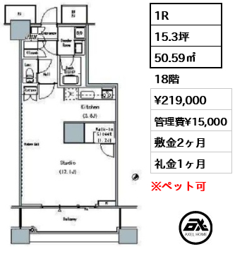 1R 50.59㎡  賃料¥219,000 管理費¥15,000 敷金2ヶ月 礼金1ヶ月