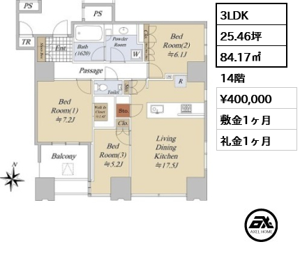 3LDK 84.17㎡  賃料¥400,000 敷金1ヶ月 礼金1ヶ月