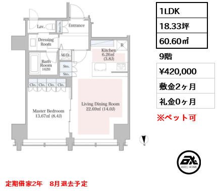 1LDK 60.60㎡  賃料¥420,000 敷金2ヶ月 礼金0ヶ月 定期借家2年　8月退去予定