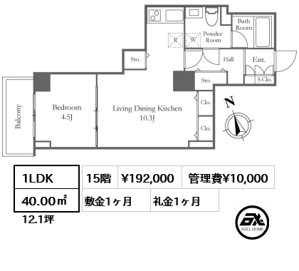 1LDK 40.00㎡  賃料¥192,000 管理費¥10,000 敷金1ヶ月 礼金1ヶ月