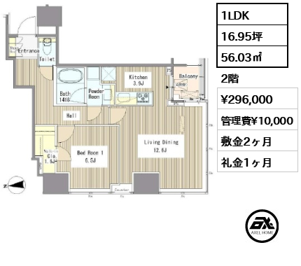 1LDK 56.03㎡  賃料¥296,000 管理費¥10,000 敷金2ヶ月 礼金1ヶ月
