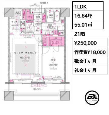 1LDK 55.01㎡  賃料¥250,000 管理費¥18,000 敷金1ヶ月 礼金1ヶ月