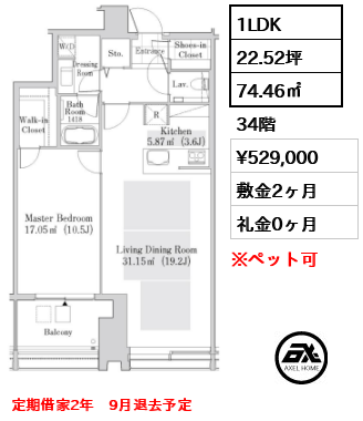 1LDK 74.46㎡  賃料¥529,000 敷金2ヶ月 礼金0ヶ月 定期借家2年　9月退去予定