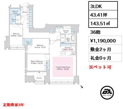 3LDK 143.51㎡  賃料¥1,190,000 敷金2ヶ月 礼金0ヶ月 定期借家3年