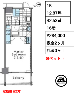 1K 42.53㎡  賃料¥284,000 敷金2ヶ月 礼金0ヶ月 定期借家2年