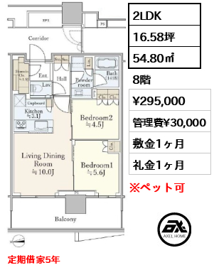 2LDK 54.80㎡  賃料¥295,000 管理費¥30,000 敷金1ヶ月 礼金1ヶ月 定期借家5年