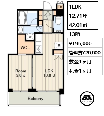 1LDK 42.01㎡  賃料¥195,000 管理費¥20,000 敷金1ヶ月 礼金1ヶ月