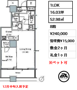 1LDK 52.98㎡  賃料¥240,000 管理費¥15,000 敷金2ヶ月 礼金1ヶ月 12月中旬入居予定