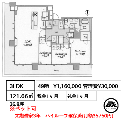 3LDK 121.66㎡  賃料¥1,160,000 管理費¥30,000 敷金1ヶ月 礼金1ヶ月 定期借家3年　ハイルーフ確保済(月額35750円)