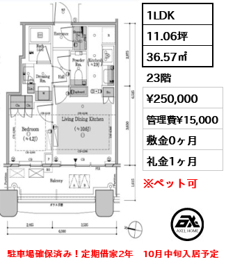 1LDK 36.57㎡  賃料¥250,000 管理費¥15,000 敷金0ヶ月 礼金1ヶ月 駐車場確保済み！定期借家2年　10月中旬入居予定