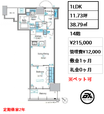 1LDK 38.79㎡  賃料¥215,000 管理費¥12,000 敷金1ヶ月 礼金0ヶ月 定期借家2年