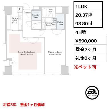 間取り2 1LDK 93.80㎡  賃料¥680,000 敷金2ヶ月 礼金0ヶ月 定期借家2年　9月退去予定